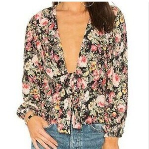 Majorelle Revolve Floral Tie Front Blouse Roses Long Sleeve Top Bohemian S